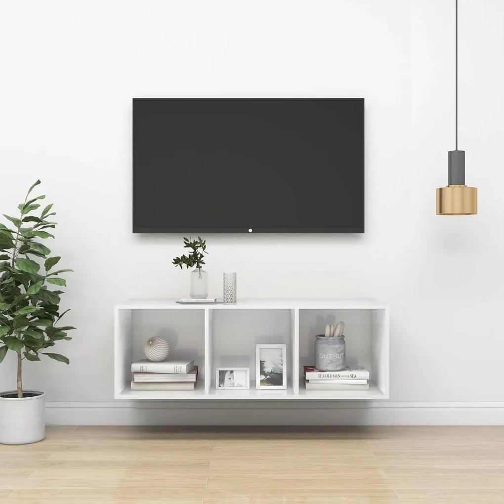 Dulap TV montat pe perete, alb extralucios, 37x37x107 cm, PAL 1, Alb foarte lucios, 37 x 37 x 107 cm