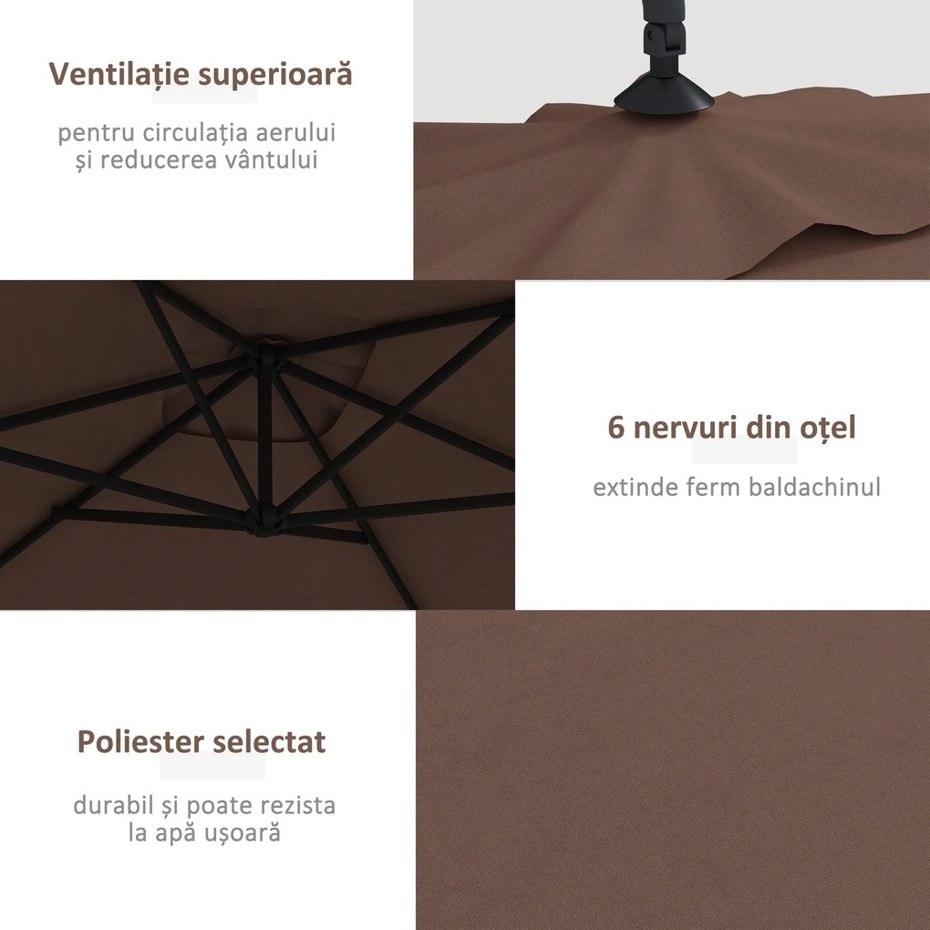 Outsunny Umbrelă Suspendată cu Orificii de Ventilaţie, Bază în Cruce şi Manivelă, 3x2 m, Maro | Aosom Romania