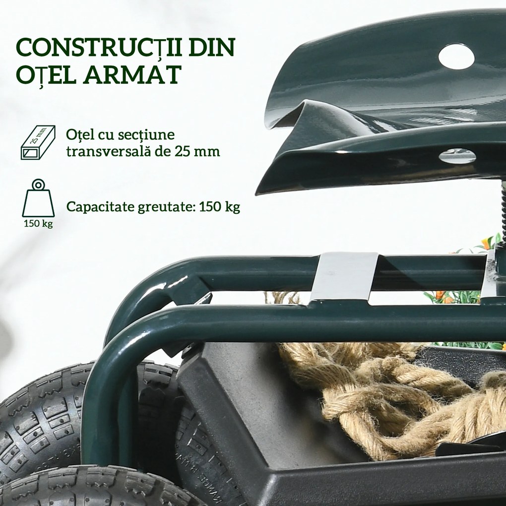 Outsunny Cărucior de Grădină cu Șezut Rotativ, Tavă pentru Unelte și Înălțime Reglabilă, pentru Terasă și Curte | Aosom Romania