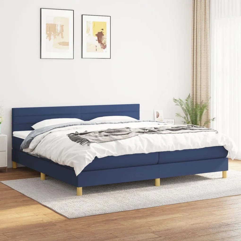 Pat box spring cu saltea, albastru, 200x200 cm, textil Albastru, 200 x 200 cm, Benzi orizontale