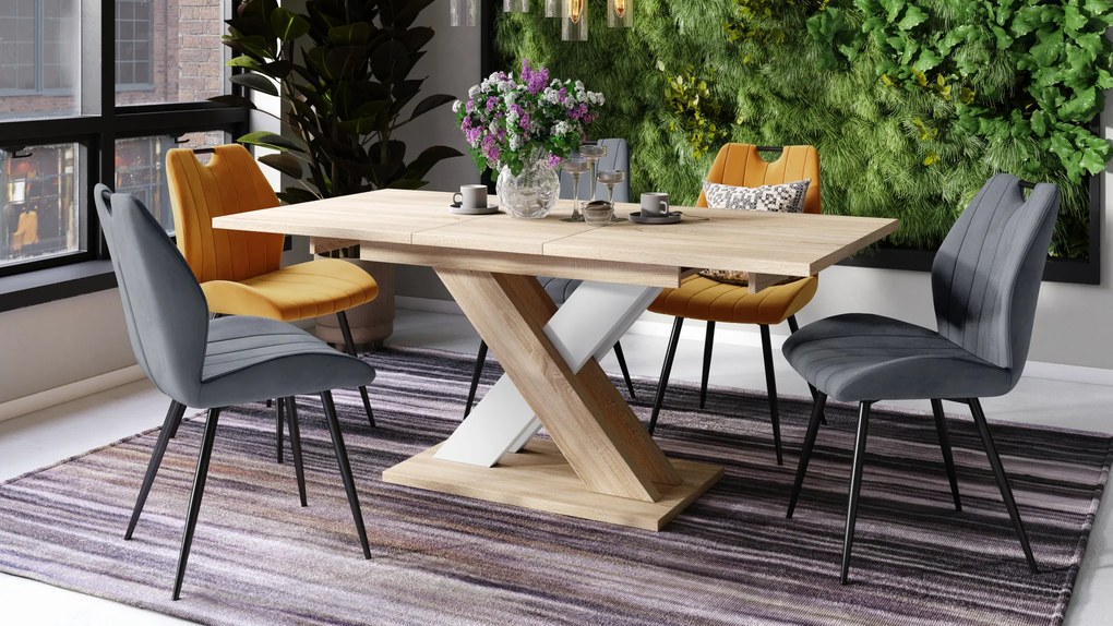 Mazzoni KARO Stejar Sonoma/Alb Mat – MASĂ/MĂSUȚĂ DE CAFEA MODERNĂ CU BLAT EXTENSIBIL până la 180 cm
