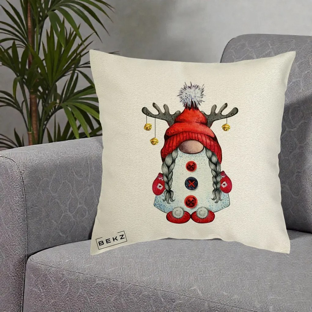 Perna Decorativa Pitic Gnom Craciun cu Coarne de Ren, 40x40 cm, Ecru, Husa Detasabila, Perna Inclusa, BEKZ®