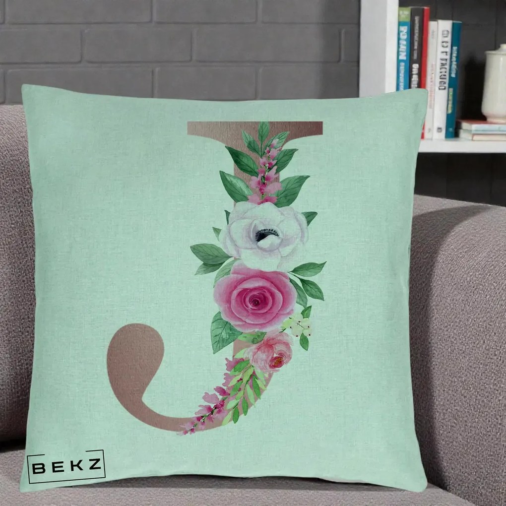 Cadou Personalizat - Perna Personalizata Monograma Rose Gold Litera J, 40x40 cm, Verde Menta, Husa Detasabila, Perna Inclusa, BEKZ®