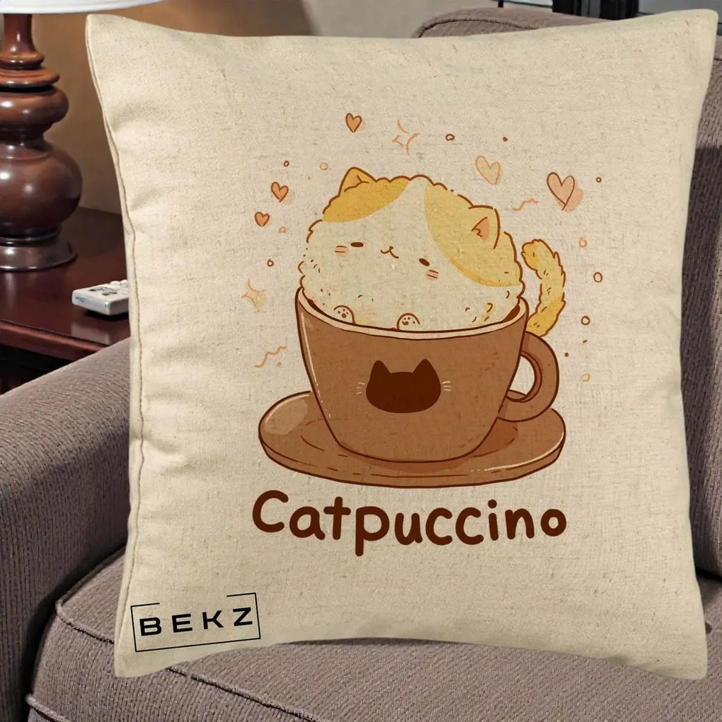 Perna Decorativa Catpuccino Pisica Cappuccino, 40x40 cm, Bej, Husa Detasabila, Perna Inclusa, BEKZ®