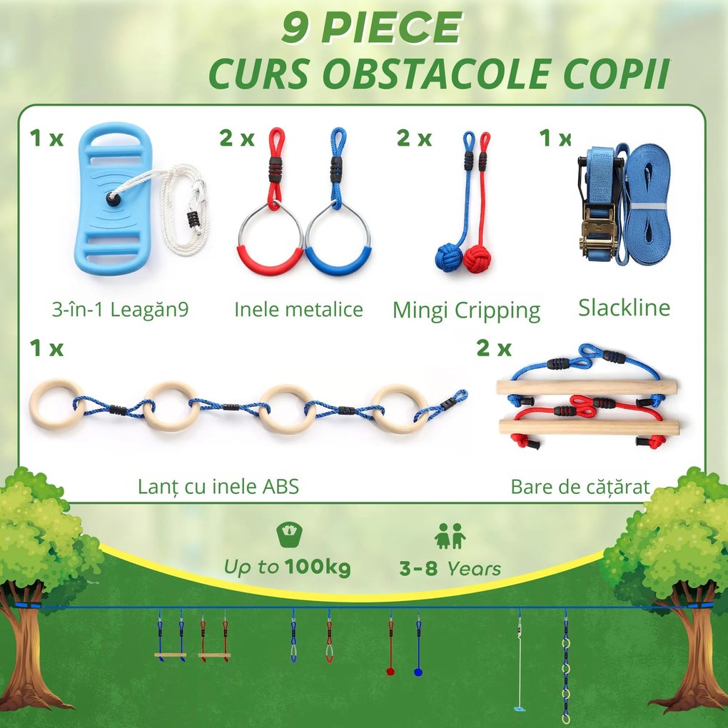 AIYAPLAY Ninja Line copii 10 m set Slackline 9 piese cu 2 inele, leagăn 3-în-1, 2 bare de cățărat pentru 3-8 ani multicolor | Aosom Romania