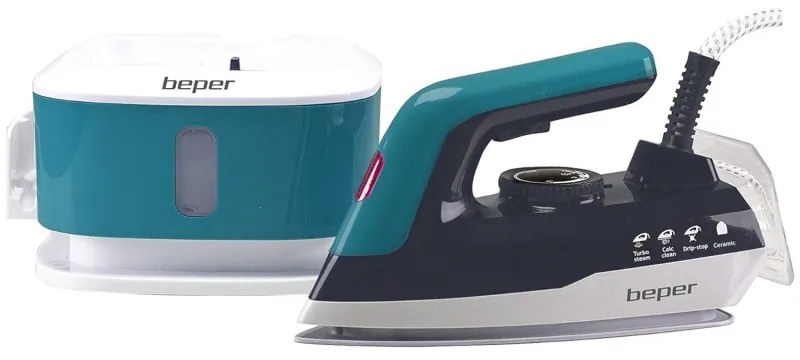Fier de calcat Beper P204CAL200, 2250W, Placa ceramica, Termostat, Filtru, Ciclu continuu, Alb/albastru-verde