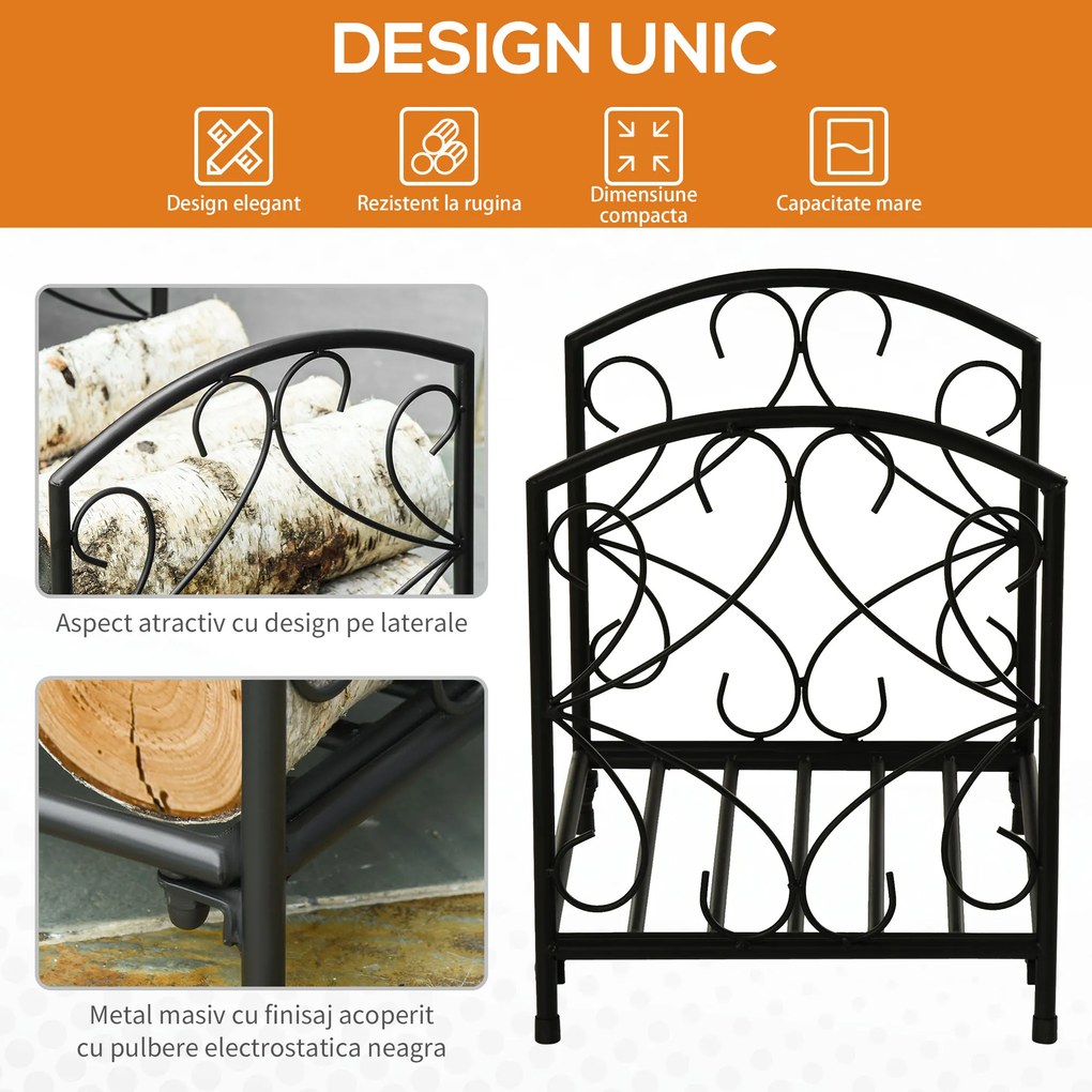 Suport pentru Lemne de Interior si de Exterior din Metal cu Baza Ridicata pentru 50kg de Lemne 39.5x31.5x39.5cm, Negru Outsunny | Aosom Romania