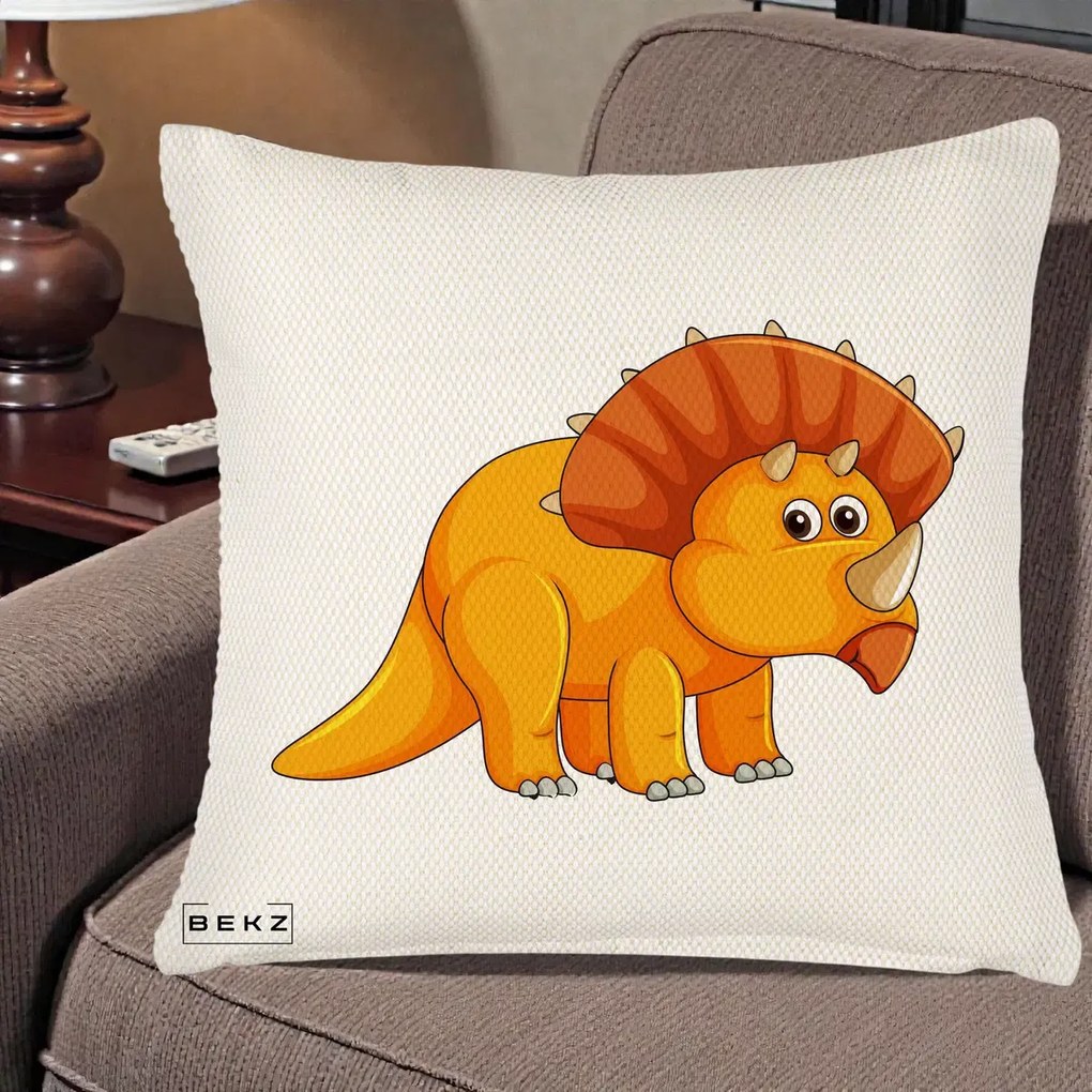 Perna Decorativa Triceratops Portocaliu, 40x40 cm, Crem Reliefat, Husa Detasabila, Perna Inclusa, BEKZ®