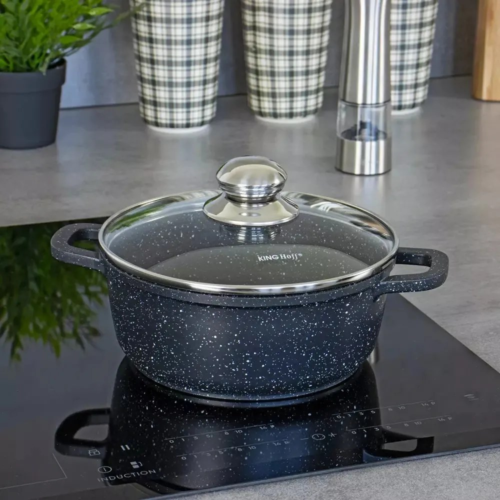 Oală cu capac 28 cm, 6.5L – Kinghoff KH 1597, antiaderentă cu marmură, neagră, pentru preparate consistente, compatibilă cu toate plitele