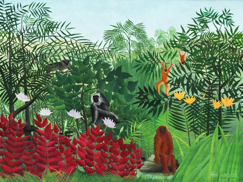 Artă imprimată Monkeys in the Tropical Forest (Rainforest Jungle Landscape) - Henri Rousseau, (40 x 30 cm)