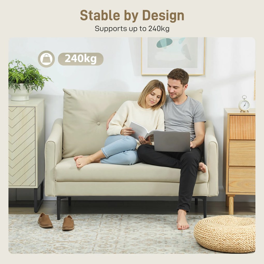 HOMCOM Canapea cu 2 Locuri din Catifea cu Spătar Matlasat și Pernă Detașabilă, Canapea Compactă Modernă cu Picioare din Metal pentru Sufragerie, 124x73x92 cm, Crem | Aosom Romania