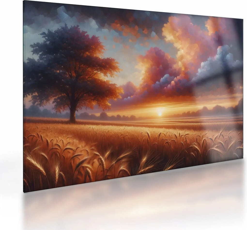 Tablou pe sticlă – Apus de soare pe câmp (70x50 cm)