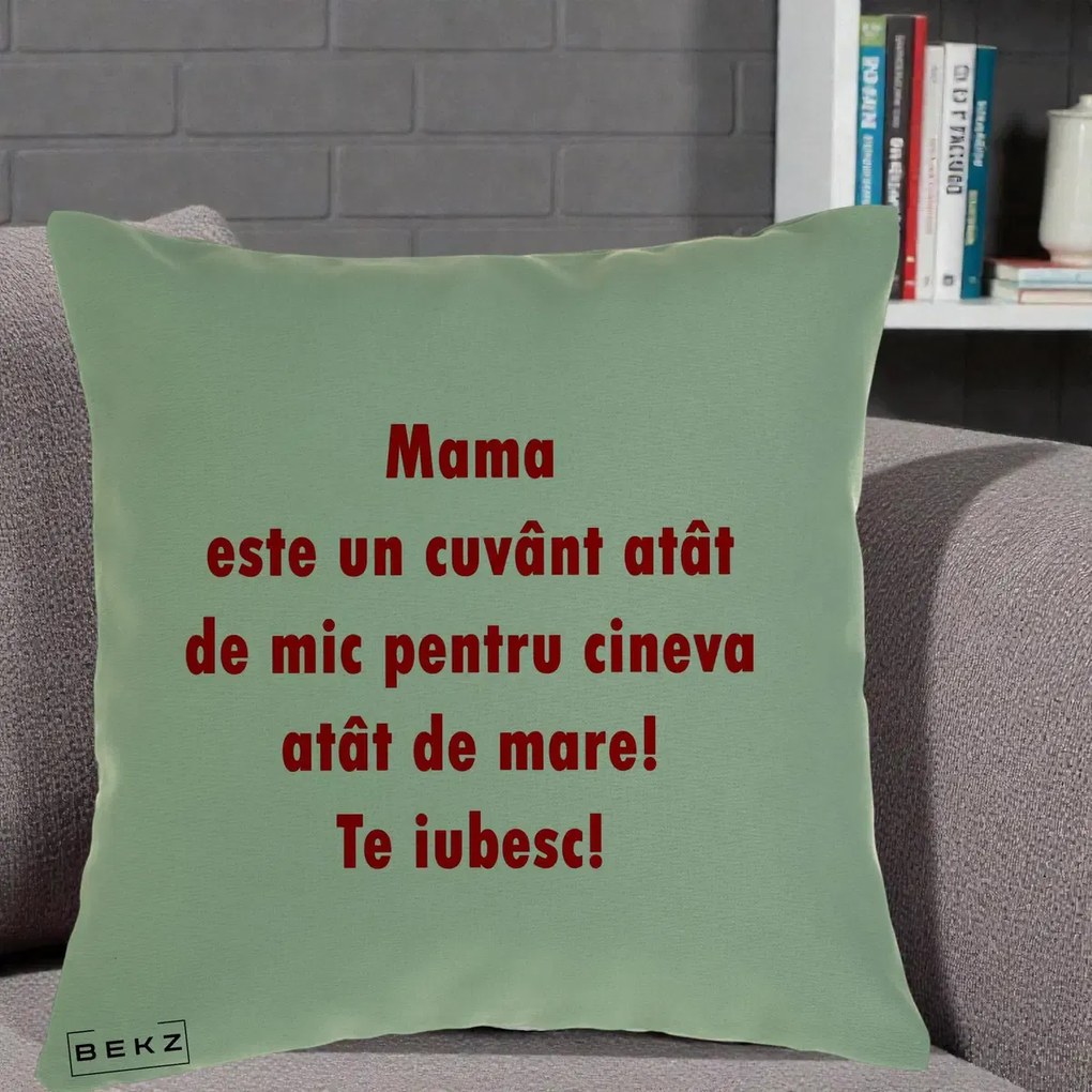 Cadou pentru Mama - Perna Personalizata Mama Cuvant Mic, 40x40 cm, Verde, Husa Detasabila, Perna Inclusa, BEKZ®