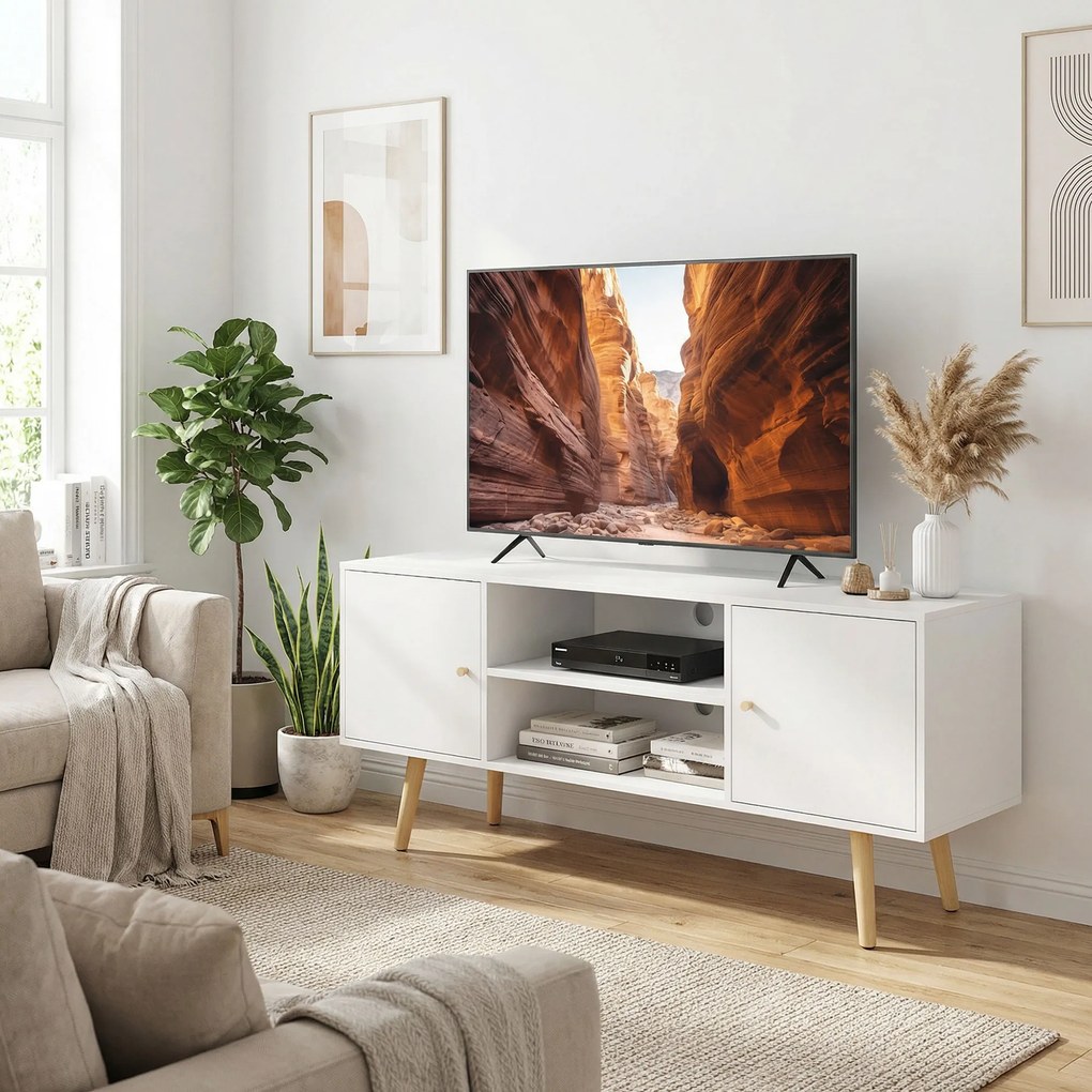 HOMCOM Cabinet TV 55" cu 2 Dulapuri, Uși și 2 Rafturi Deschise, Consolă TV din Lemn și PAL, 120x34x50 cm, Alb | Aosom Romania