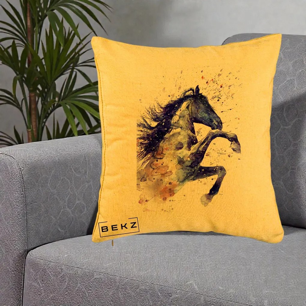 Perna Decorativa Cal Albastru Acuarela, 40x40 cm, Galben, Husa Detasabila, Perna Inclusa, BEKZ®