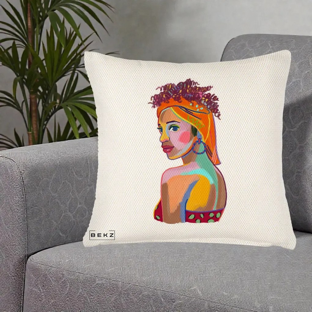 Perna Decorativa Portret Femeie Colorat Pop Art, 40x40 cm, Crem Reliefat, Husa Detasabila, Perna Inclusa, BEKZ®