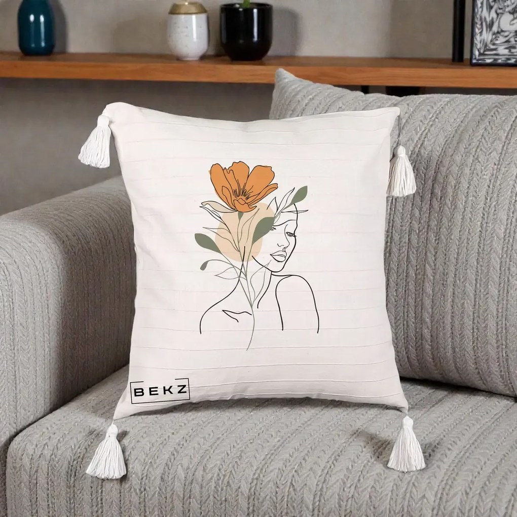 Perna Decorativa Portret Feminin Floare Portocalie, 40x40 cm, Bej cu Franjuri, Husa Detasabila, Perna Inclusa, BEKZ®