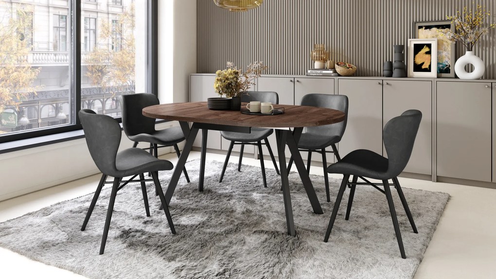 Mazzoni ALMO Stejar Maro/picioare negre - MASĂ ROTUNDĂ EXTENSIBILĂ CU PICIOARE ÎN FORMĂ DE Y STIL LOFT PENTRU SALON/SUFRAGERIE