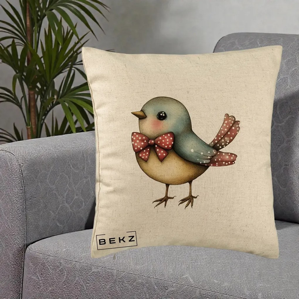 Perna Decorativa Pasare Bleu cu Fundita Rosie, 40x40 cm, Bej, Husa Detasabila, Perna Inclusa, BEKZ®