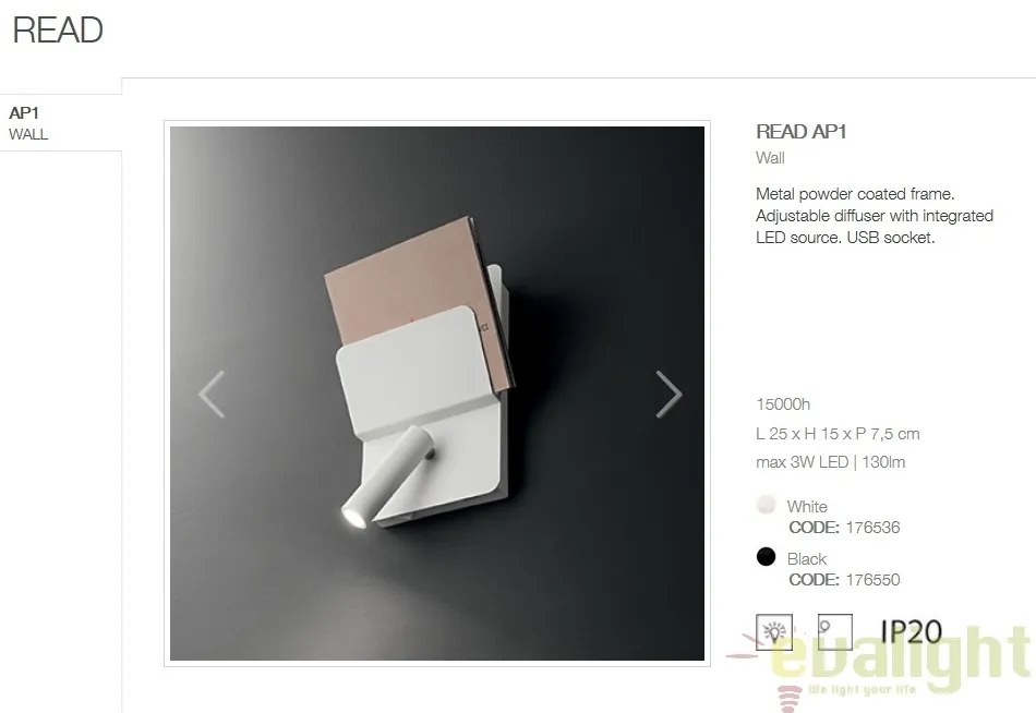 Aplica perete LED moderna reader directionabil cu port USB READ AP1 alba 176536