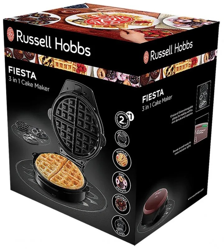 Aparat gogosi si vafe 3in1 Russell Hobbs Fiesta 24620-56, 900w, Placi antiadere, Capac cu autoblocare, Bordo/Negru