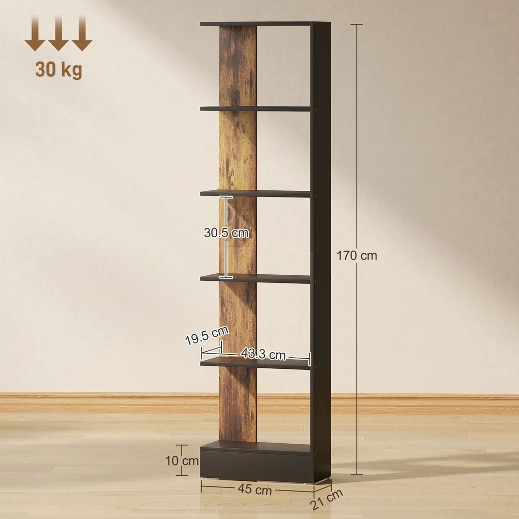 HOMCOM Raft Îngust cu 5 Etajere, Raft Economisitor de Spațiu Modern din Lemn, Bibliotecă pentru Baie, Living, Dormitor, Birou, 45x21x170 cm, Maro Rustic | Aosom Romania