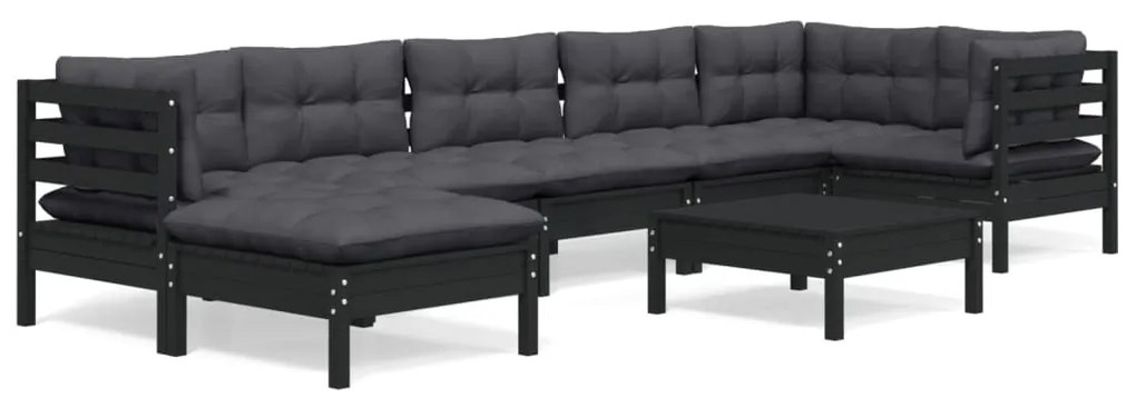 3096560 vidaXL Set mobilier de grădină cu perne 8 piese negru lemn masiv pin
