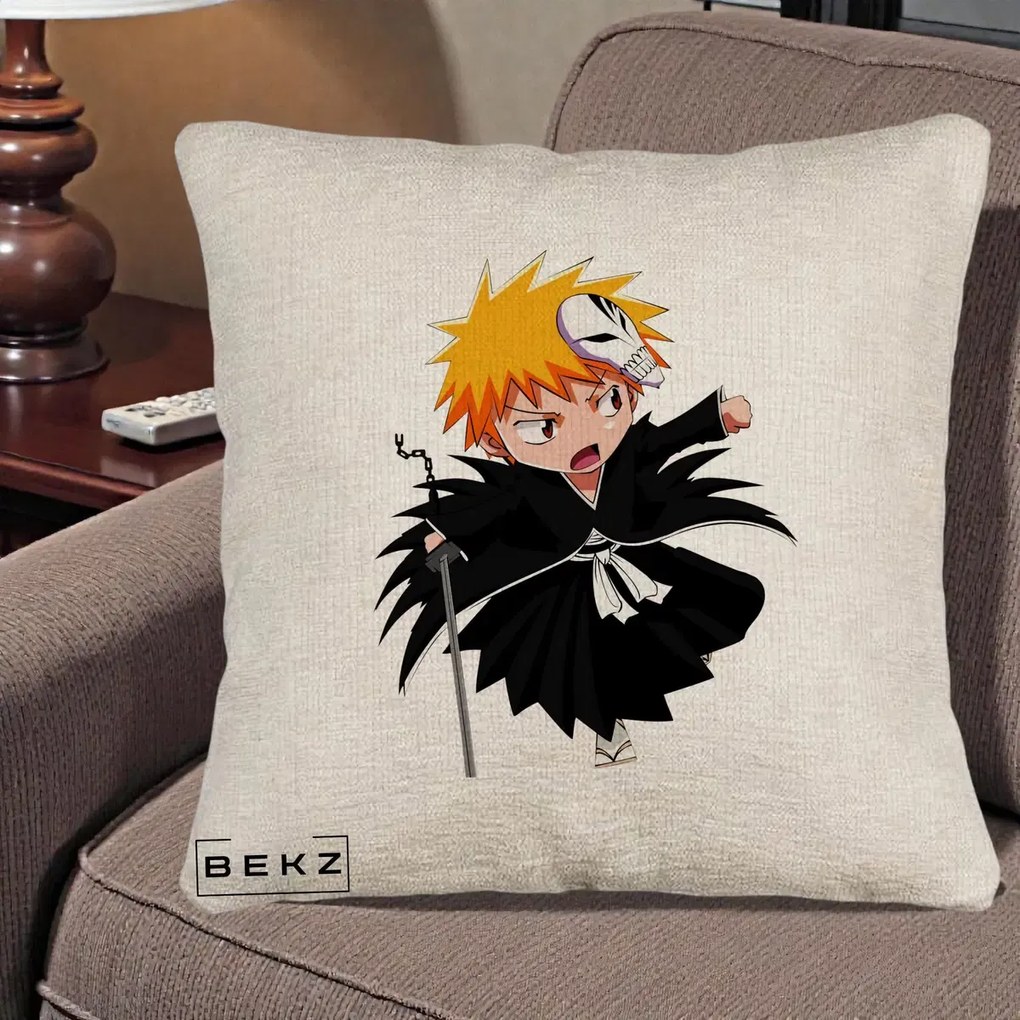 Perna Personalizata Bleach Ichigo Chibi cu Masca, 40x40 cm, Bej Canapea, Husa Detasabila, Perna Inclusa, BEKZ®