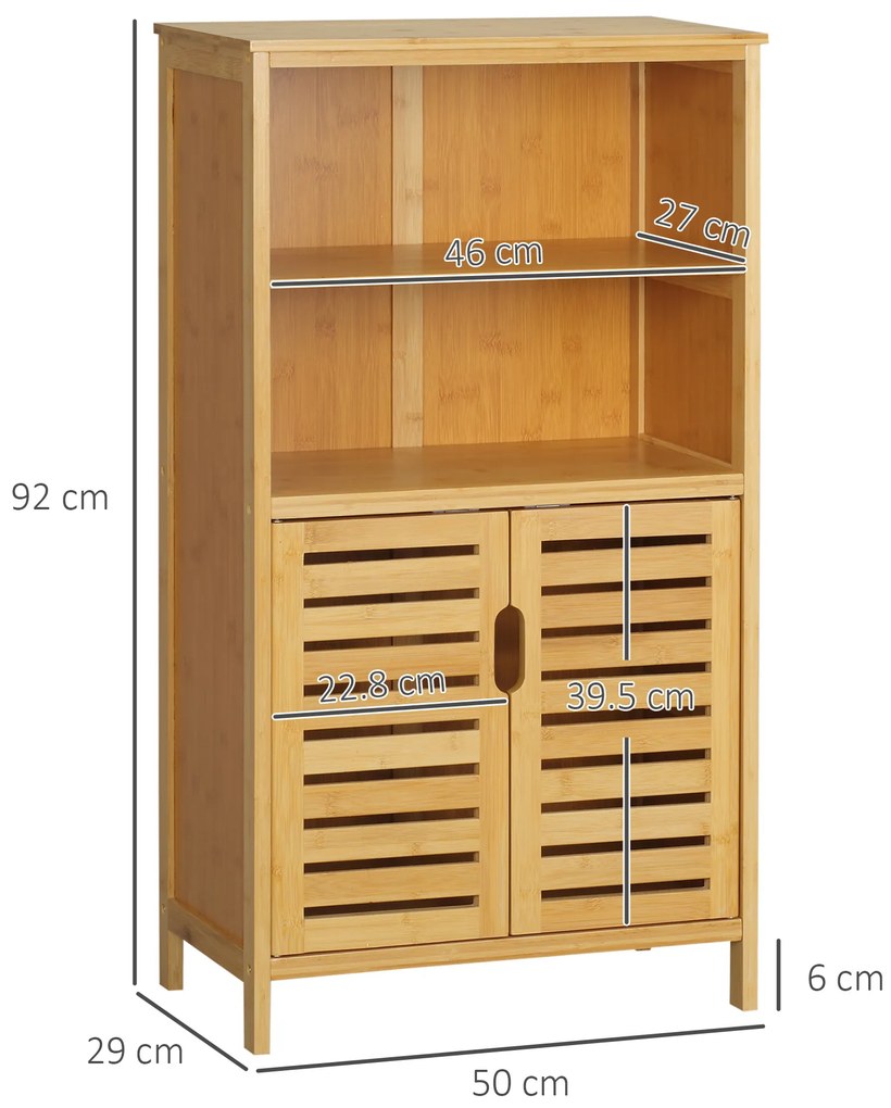 kleankin Mobile Bagno in Bambù, Mobiletto Bagno Salvaspazio con 2 Ante a Persiana e Ripiani Aperti, Armadietto da Terra per Sala da Pranzo, Salotto, Soggiorno, Cucina, 50x29x92 cm, Color Legno | Aosom Romania