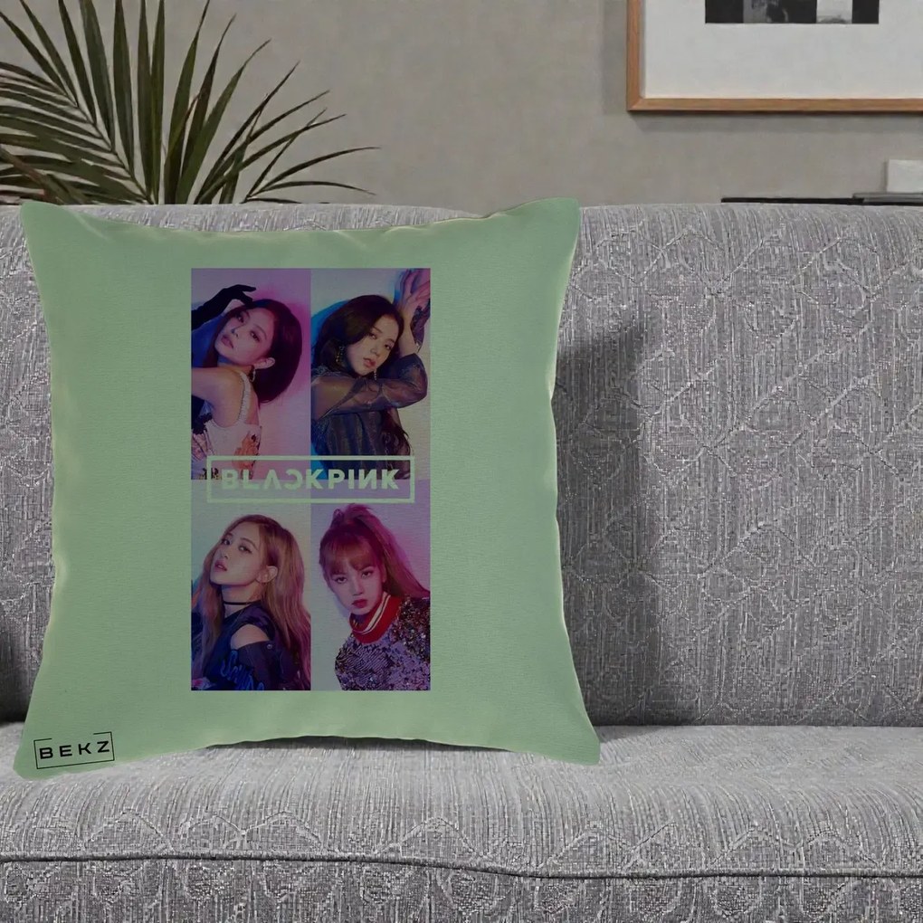 Perna Personalizata K-pop BLACKPINK Poster Colaj 4 Membre Violet Roz, 40x40 cm, Verde, Husa Detasabila, Perna Inclusa, BEKZ®