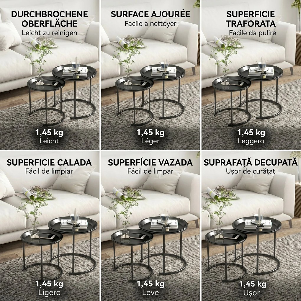 HOMCOM Set 2 Măsuțe de Cafea Suprapozabile, Măsuțe Joase Rotunde cu Tavă Detașabilă din Oțel, Ø 43x38 cm,  Negru | Aosom Romania
