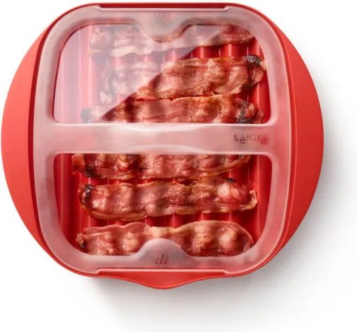 Vas de gatit bacon la cuptorul cu microunde Lekue 1009034, Pana la 6 slice, 25x28x6 cm, -2/+150 °C,Rosu