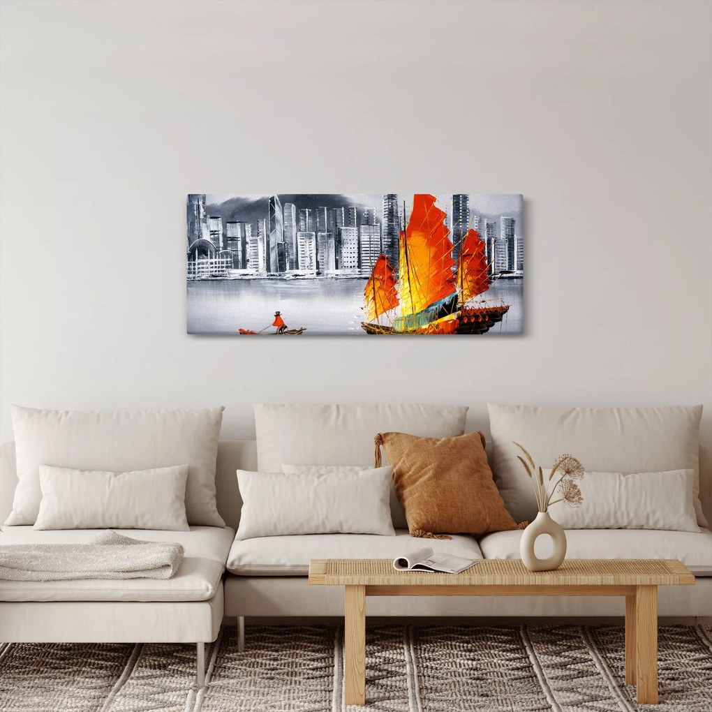 Tablou - Victoria Harbour, Hong Kong, pictură în ulei alb- negru (120x50 cm)