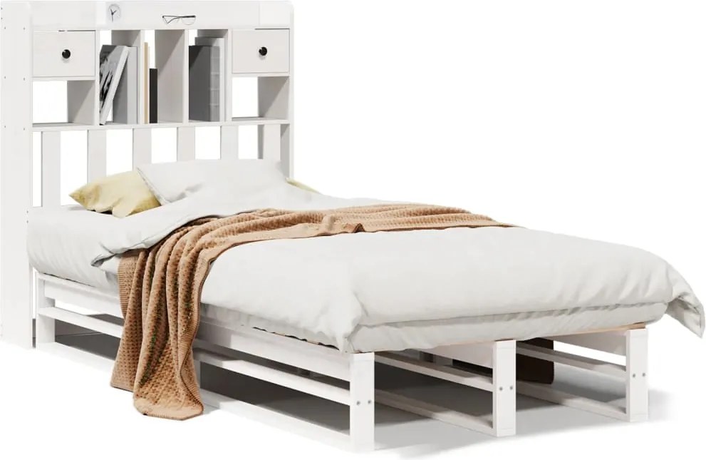 vidaXL Pat cu bibliotecă fără saltea, alb, 90x190 cm, lemn masiv pin