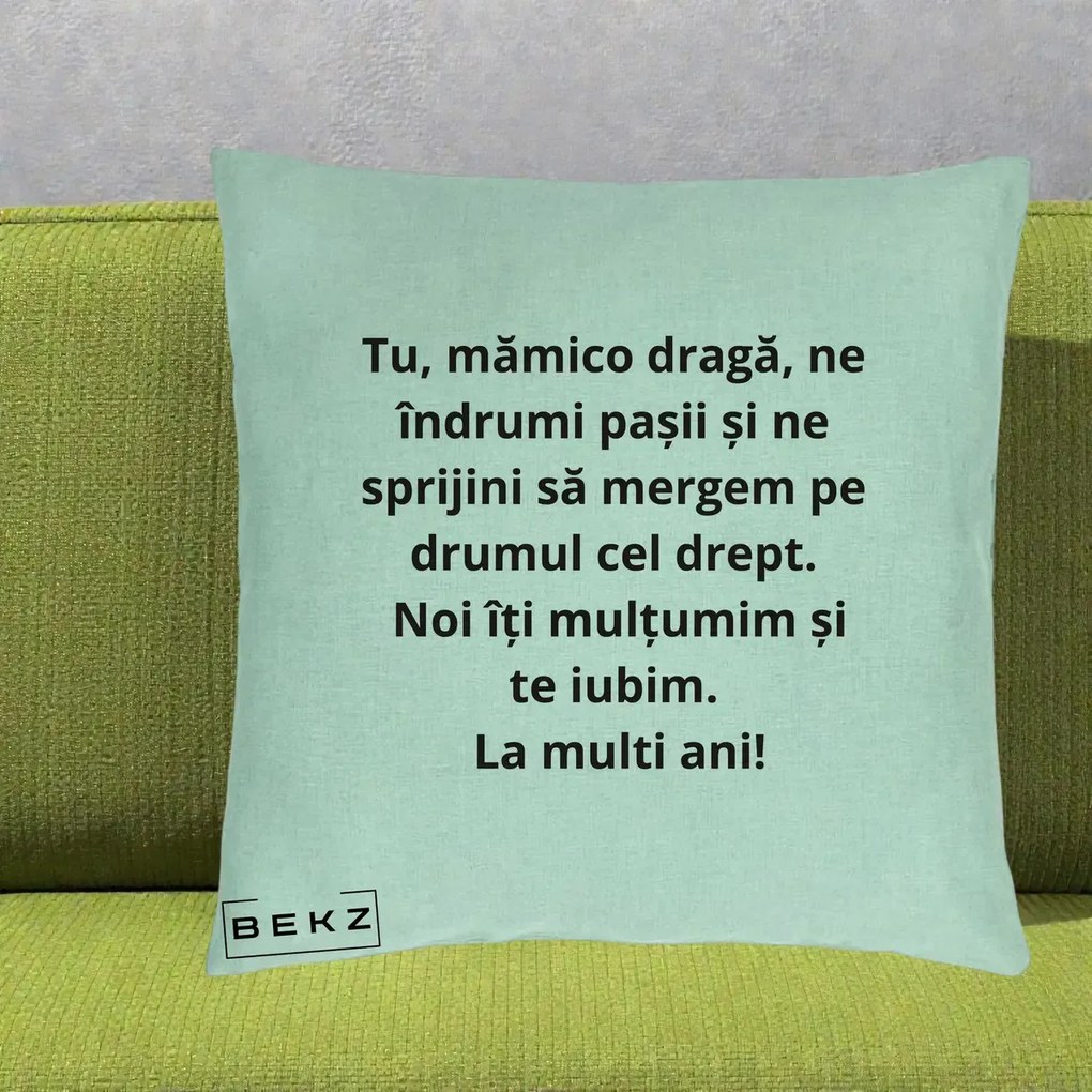 Cadou pentru Mama - Perna Personalizata Mamico Draga Te Iubim La Multi Ani cu Text Negru, 40x40 cm, Verde Menta, Husa Detasabila, Perna Inclusa, BEKZ®
