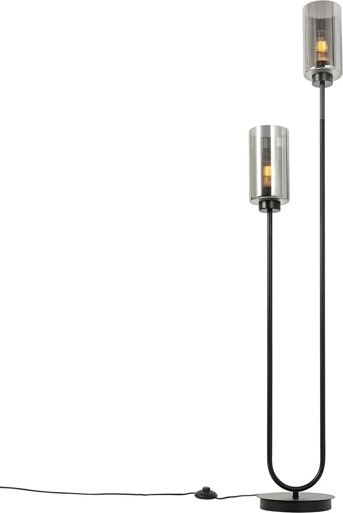 Lampă de podea Art Deco neagră cu sticlă fumurie cu 2 lumini - Laura