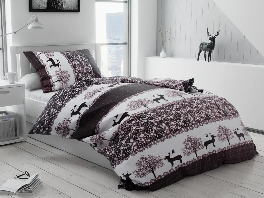 Lenjerie de pat din microplus CHRISTMAS RENEER maro + cearceaf din microplus SOFT 90x200 cm alb