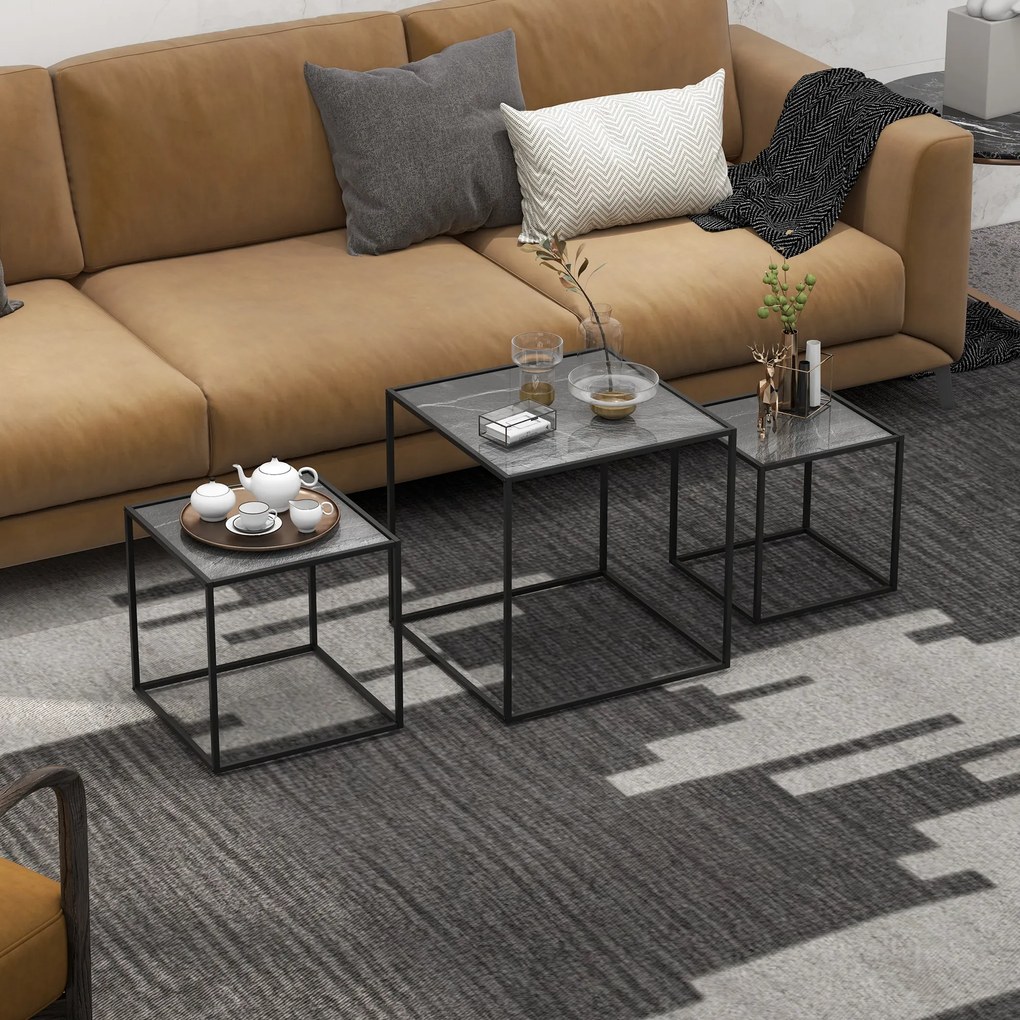 HOMCOM Set de 3 Măsuțe Suprapuse Negre, Mese Laterale Stivuibile pentru Canapea, Design Modern și Versatil | Aosom Romania