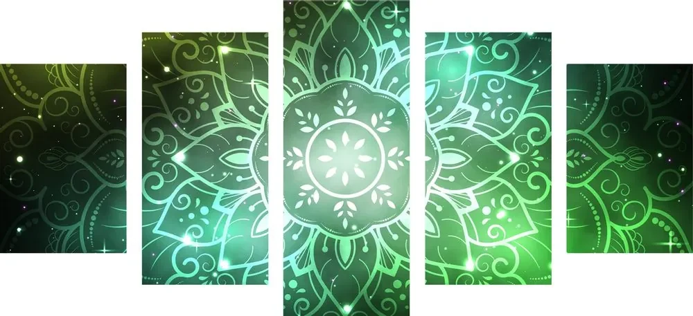 Tablou 5-piese Mandala cu un fundal galactic în nuanțe de verde