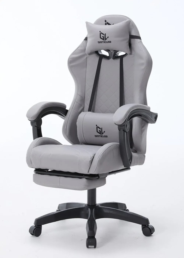 Scaun gaming, Masaj în perna lombară, suport picioare, piele PU, Gri