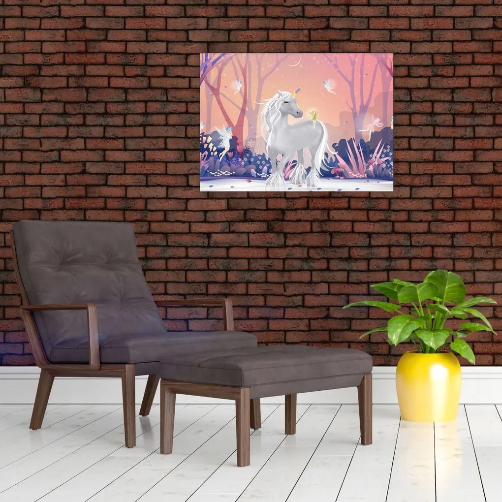 Tablou pe sticlă - Unicorn în pădurea fermecată (70x50 cm)