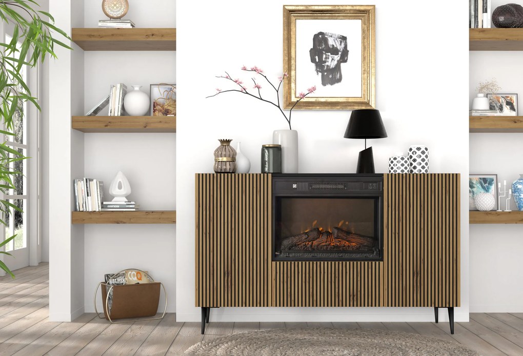 Dulap cu bioșemineu electric F 2D1K Rowanna (Stejar artisan + Negru). 1125063