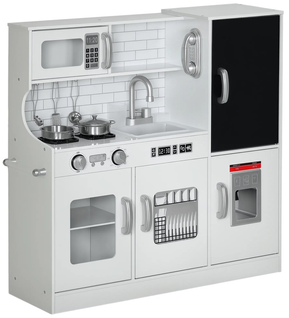 AIYAPLAY Bucătărie pentru copii, bucătărie de jucărie cu telefon, tablă, cuptor cu microunde, cuptor, chiuvetă, accesorii, mașină de cuburi de gheață, 3-8 ani, alb | Aosom Romania