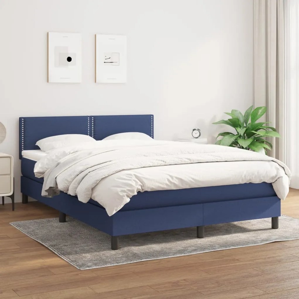 vidaXL Pat continental cu saltea, albastru, 140x200cm, material textil