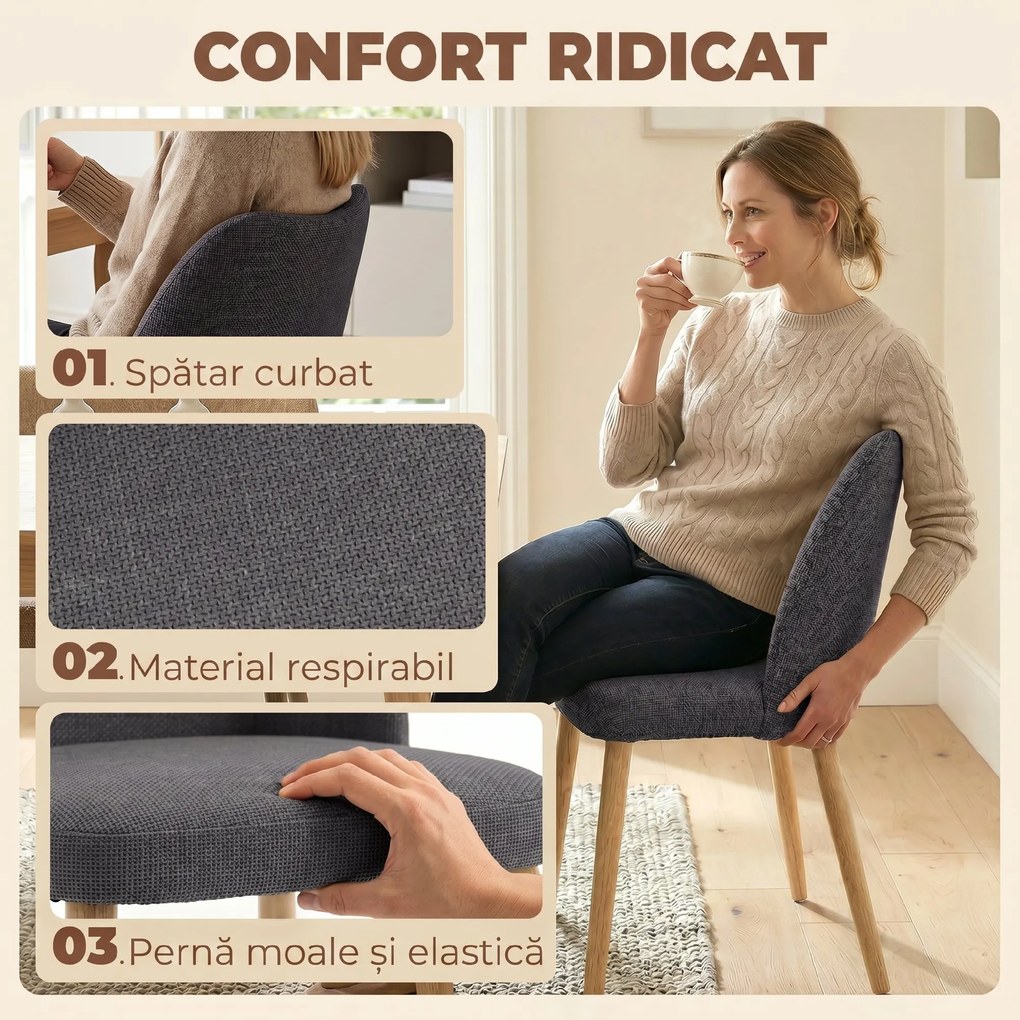 HOMCOM Set 2 Scaune Moderne cu Tapițerie din In, Șezut Confortabil, Spătar Curbat, Picioare din Lemn, Asamblare Ușoară pentru Bucătărie, Cameră, Living. | Aosom Romania