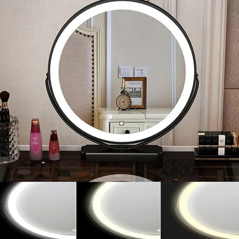 Set Bianca, Masă de toaletă pentru machiaj cu oglindă iluminată LED, control touch, taburet tapitat, 80x40x78 cm, Alb/Negru