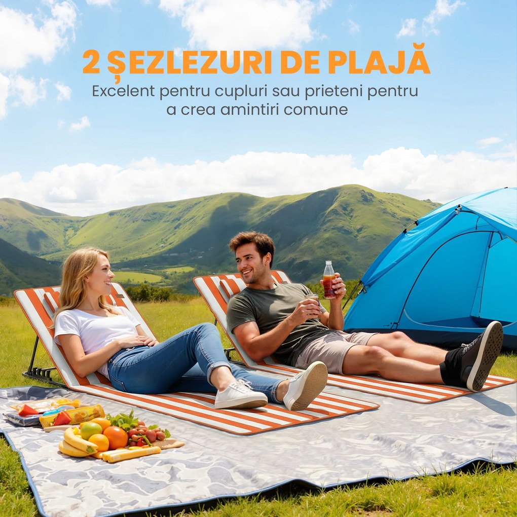 Outsunny Set 2 Șezlonguri Pliabile Portabile pentru Plajă, Spătar Reglabil, Portocaliu. | Aosom Romania