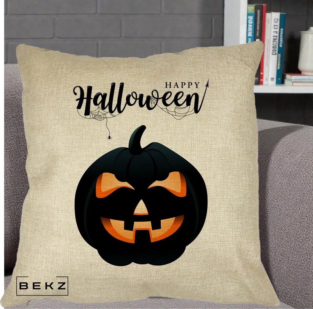 Perna Decorativa Happy Halloween Dovleac Negru cu Paianjen, 40x40 cm, Crem, Husa Detasabila, Perna Inclusa, BEKZ®