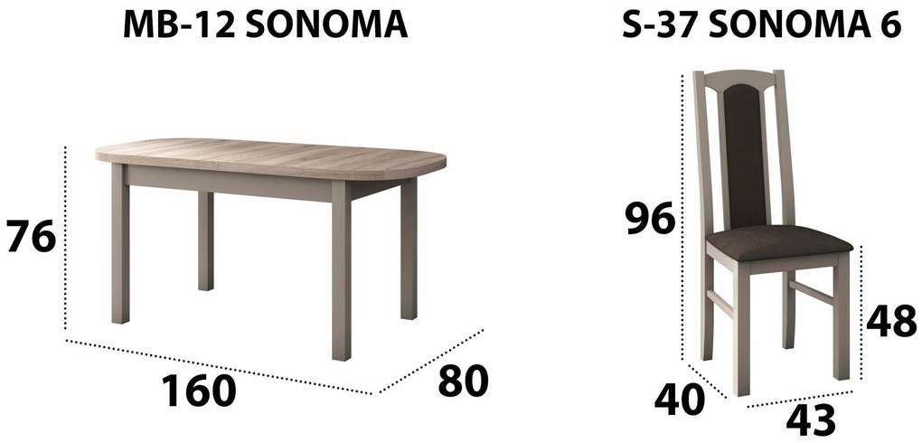 Set masa living Venus1 S cu 6 scaune Boss7 S6, sonoma, extensibila 160/200 cm, lemn masiv/stofa/pal