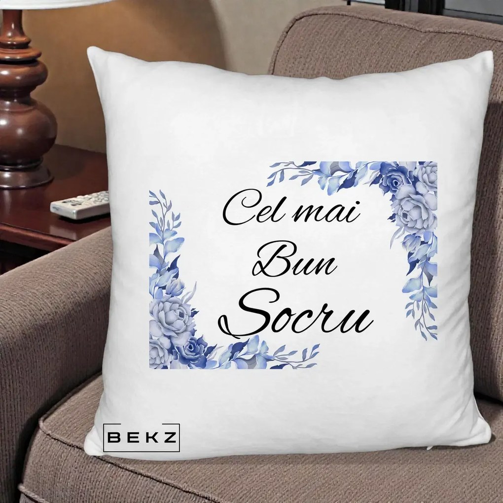Cadou pentru Socru - Perna Personalizata Cel mai Bun Socru cu Flori Albastre Acuarela, 40x40 cm, Alb Pufos, Husa Detasabila, Perna Inclusa, BEKZ®